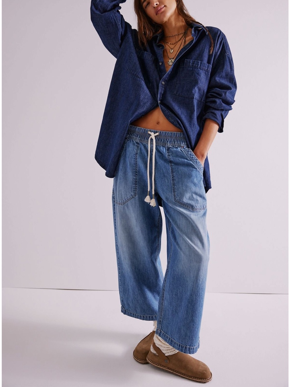 Free People Medium & Dark Blue Denim Wide-Leg Drawstring Jeans